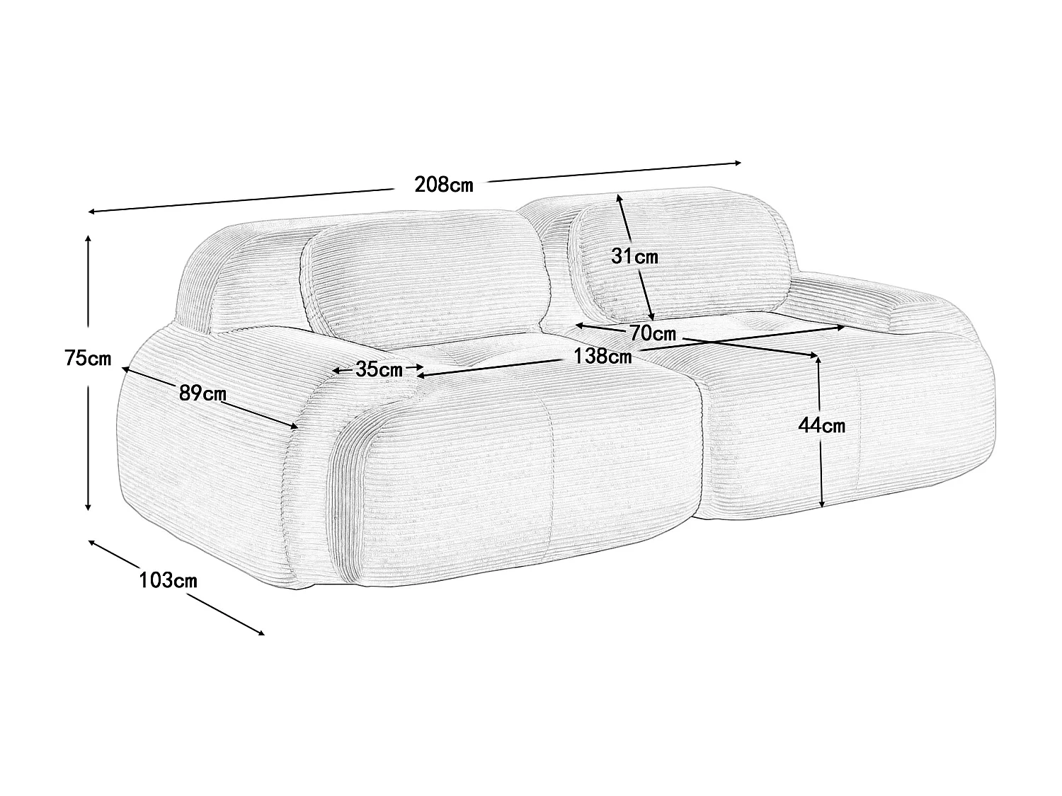 Canapé 2 posti modulabile in velluto a coste accoudoirs curvi mousse alta elasticità grigio 82''