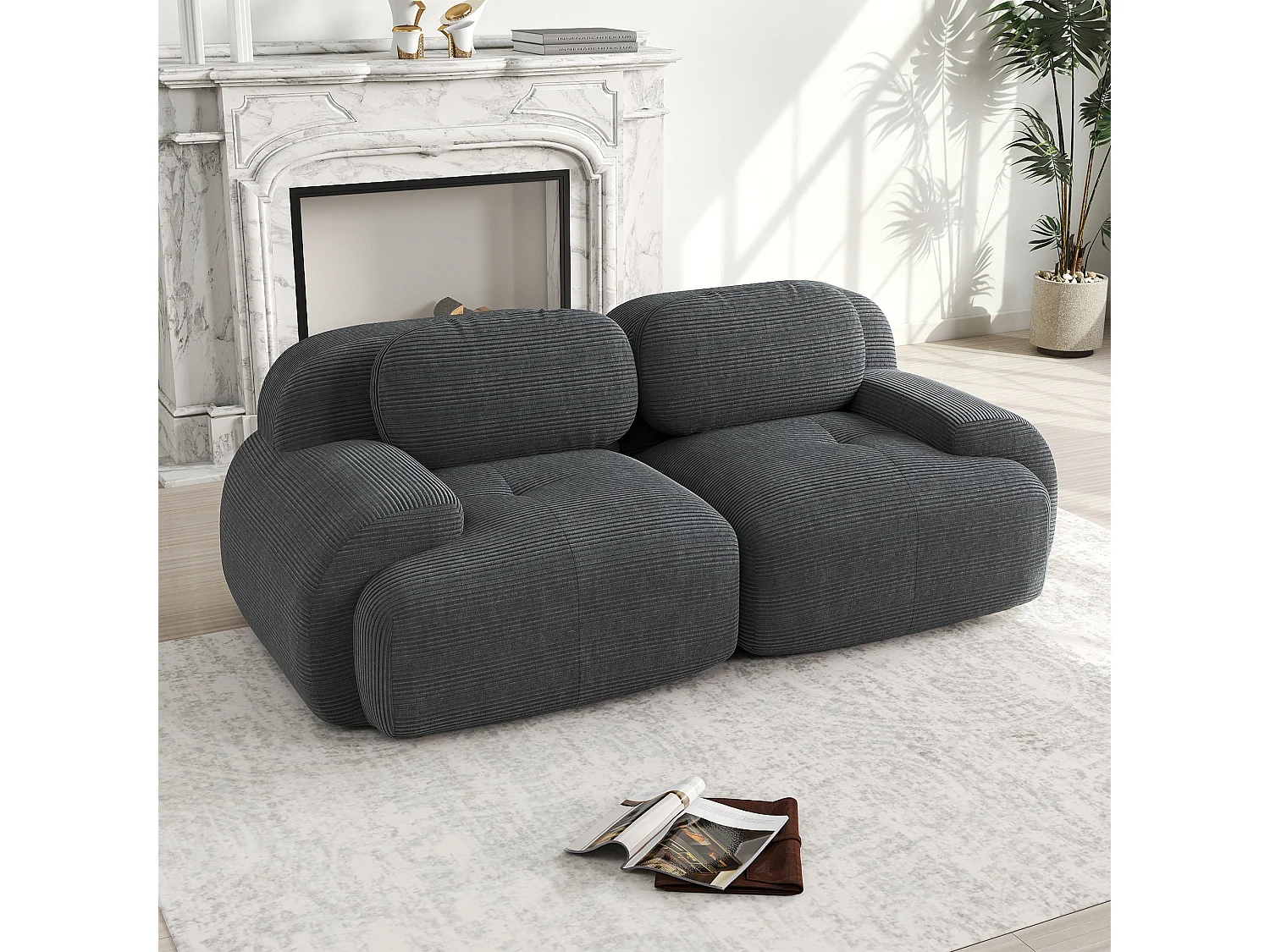 Canapé 2 posti modulabile in velluto a coste accoudoirs curvi mousse alta elasticità grigio 82''