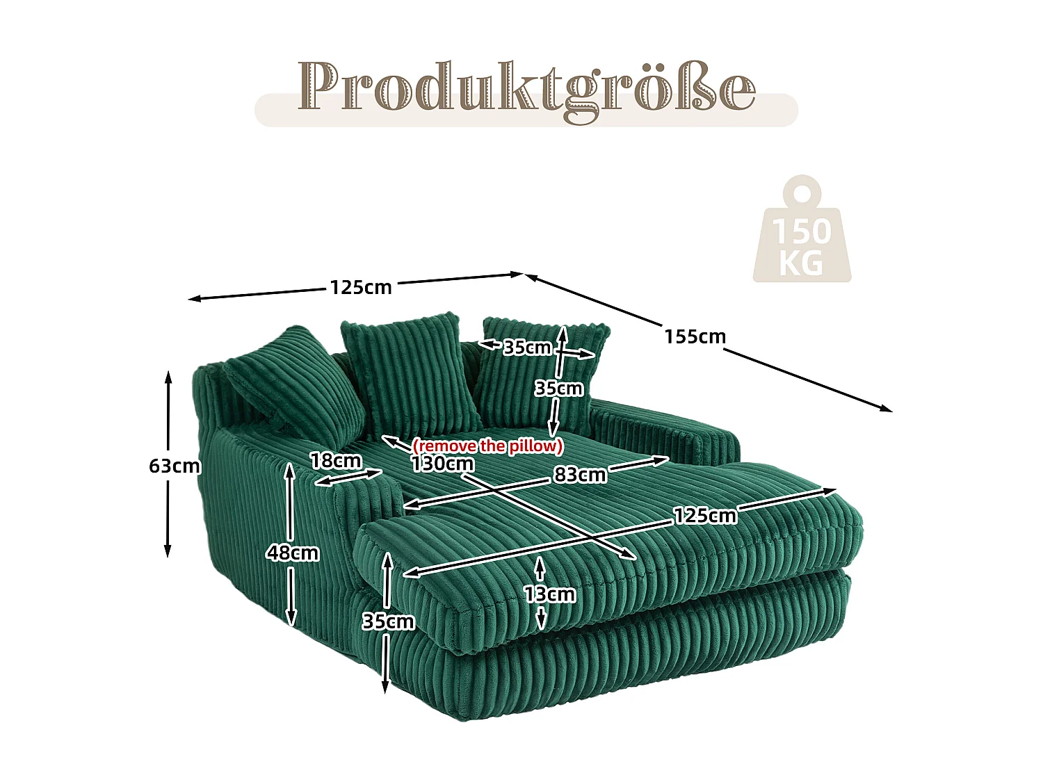 Canapé Lounge Velour Cord 1 Posto con 3 Coussins Salon Bureau Émeraude 125x155x63 cm