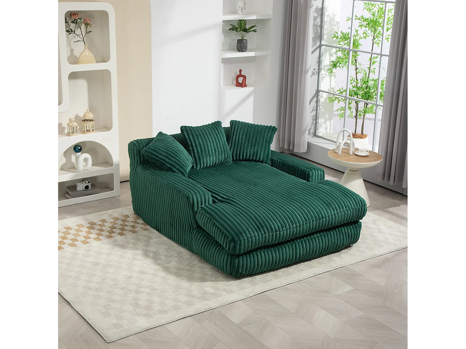 Canapé Lounge Velour Cord 1 Posto con 3 Coussins Salon Bureau Émeraude 125x155x63 cm