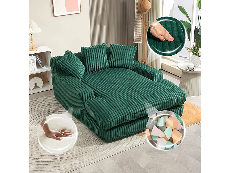 Sofá Lounge de Veludo Cordão 1 Lugar com 3 Almofadas Sala Escritório Esmeralda 125x155x63 cm