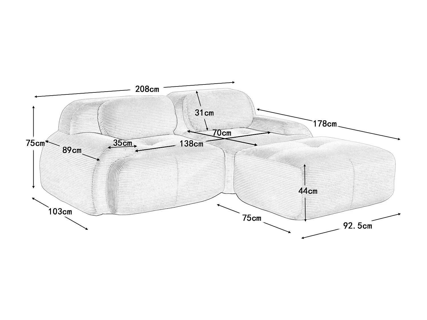 Canapé d'angle 82 pouces velours côtelé modulable noir sans montage mousse haute résilience pour salon chambre home cinema