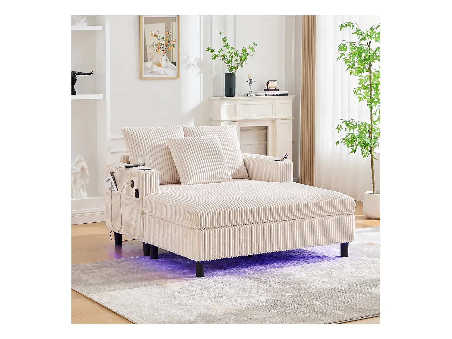 Sillón relajante de terciopelo con LED, portavasos y puerto USB para salón y dormitorio, color beige