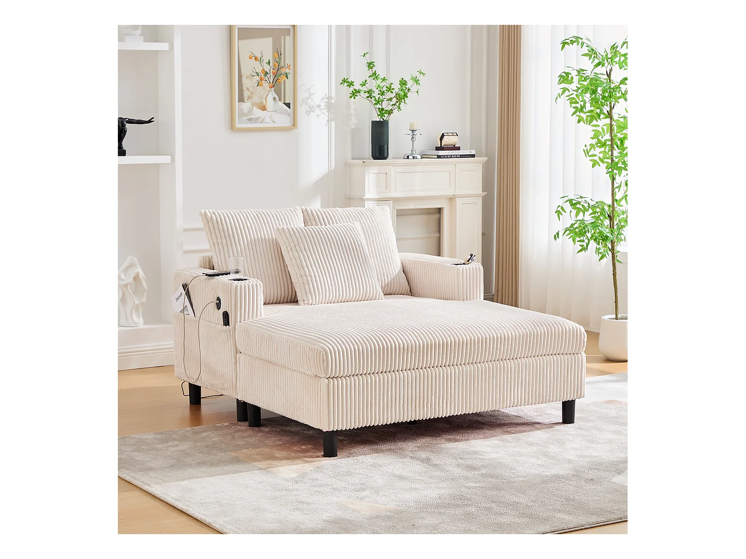 Sillón relajante de terciopelo con LED, portavasos y puerto USB para salón y dormitorio, color beige