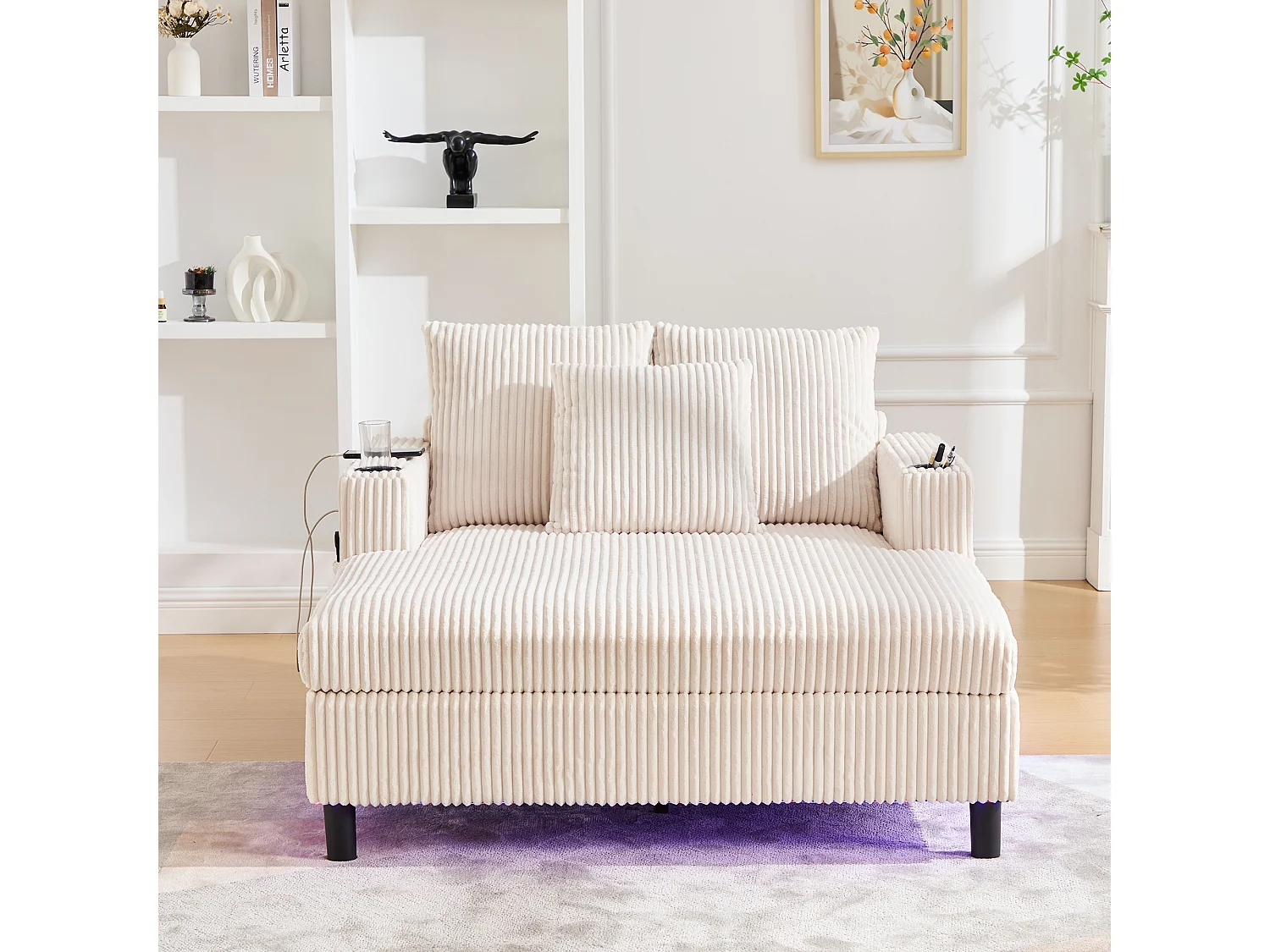 Sillón relajante de terciopelo con LED, portavasos y puerto USB para salón y dormitorio, color beige