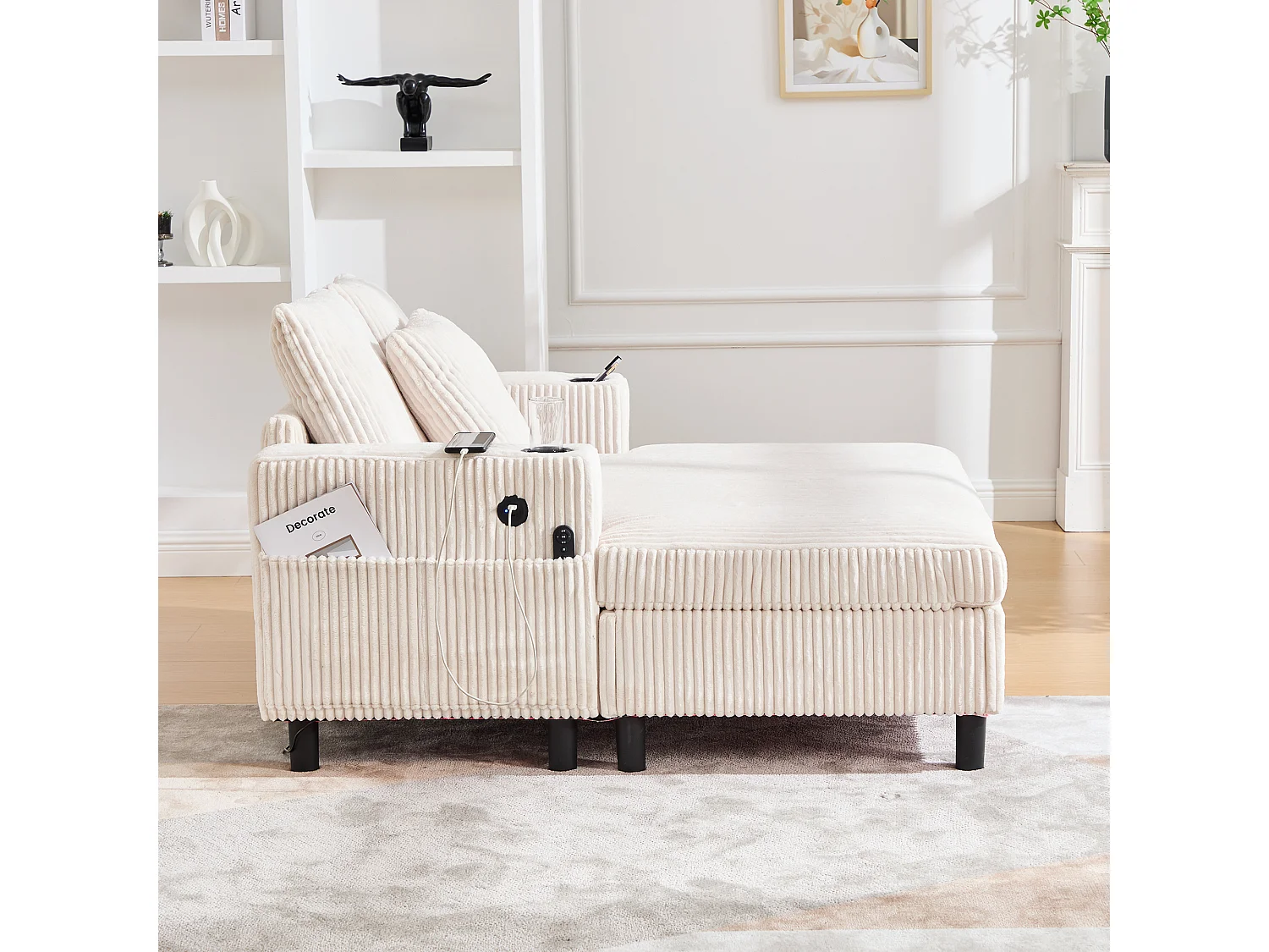 Sillón relajante de terciopelo con LED, portavasos y puerto USB para salón y dormitorio, color beige