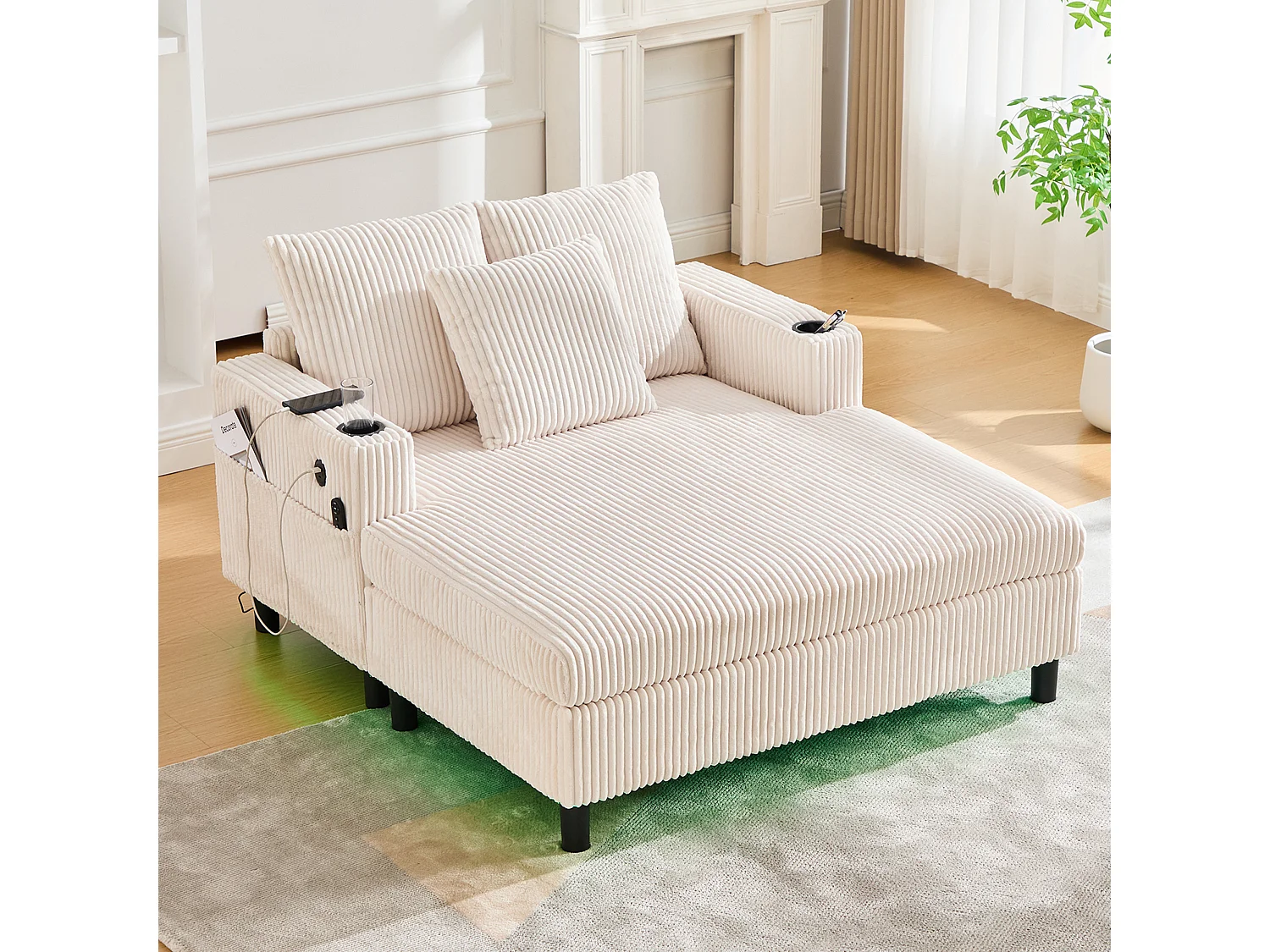 Poltrona relaxante de veludo LED com porta-copos e porta USB para sala de estar, quarto, bege