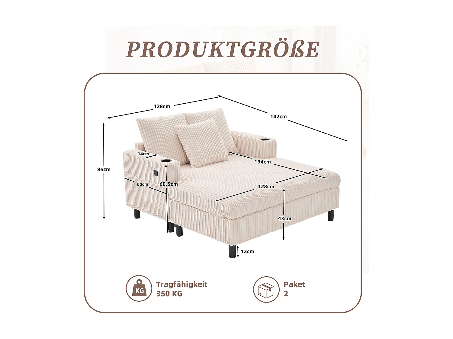Poltrona relaxante de veludo LED com porta-copos e porta USB para sala de estar, quarto, bege