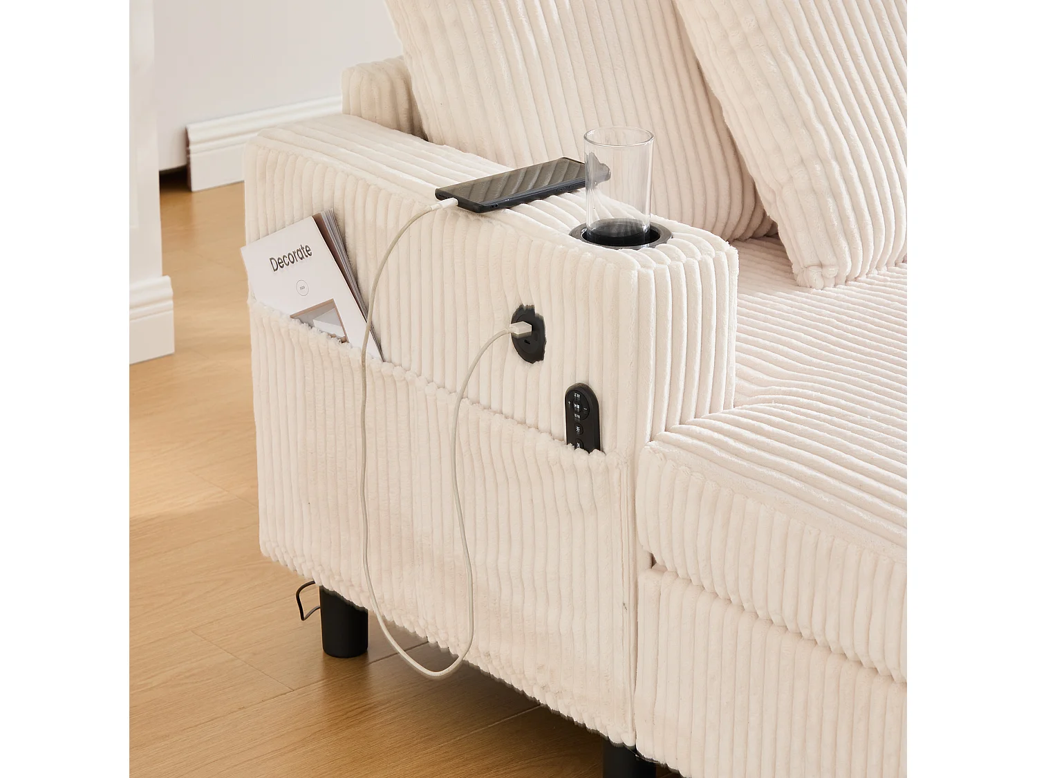 Poltrona relaxante de veludo LED com porta-copos e porta USB para sala de estar, quarto, bege