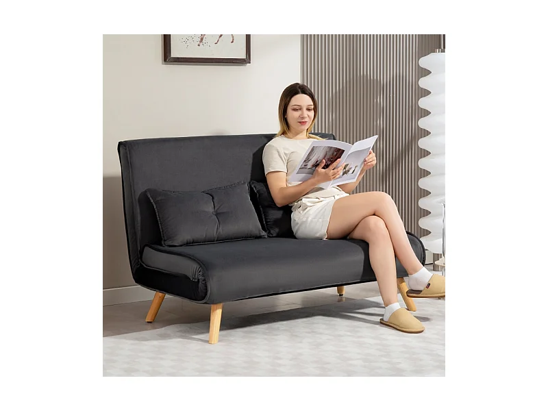 Sofá-cama conversível de 2 lugares em tecido cinza, cama click-clack 190 cm, metal, sala de estar, quarto