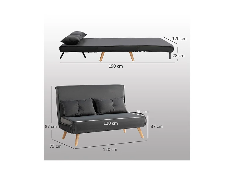 Sofá-cama conversível de 2 lugares em tecido cinza, cama click-clack 190 cm, metal, sala de estar, quarto