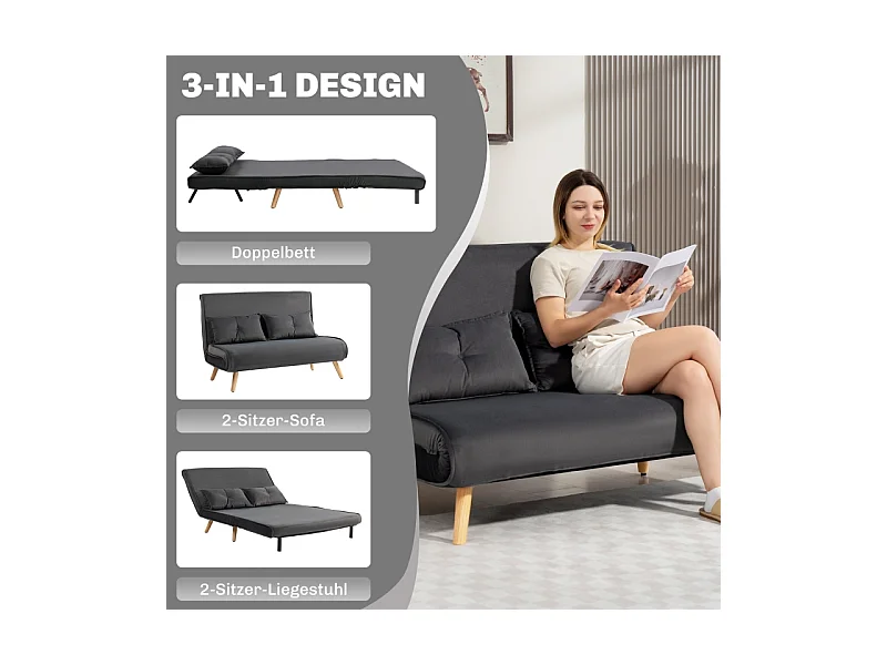 Sofá-cama conversível de 2 lugares em tecido cinza, cama click-clack 190 cm, metal, sala de estar, quarto