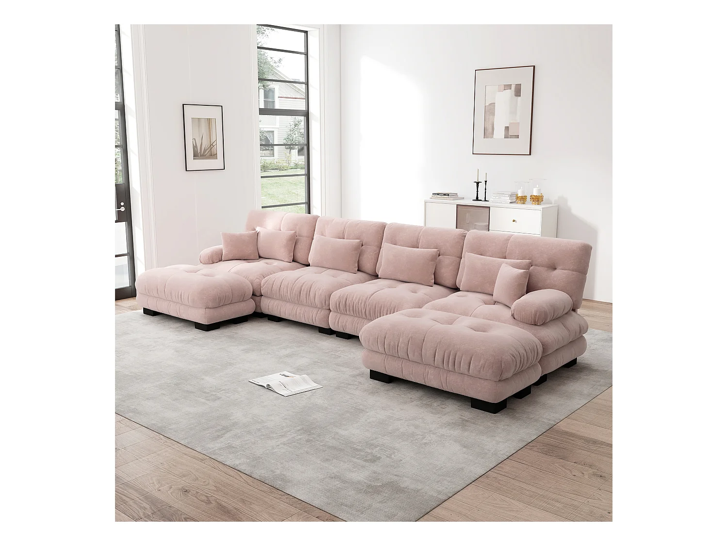Sofá de canto modular de chenille em formato de U de 4 lugares com pufe rosa para sala de estar