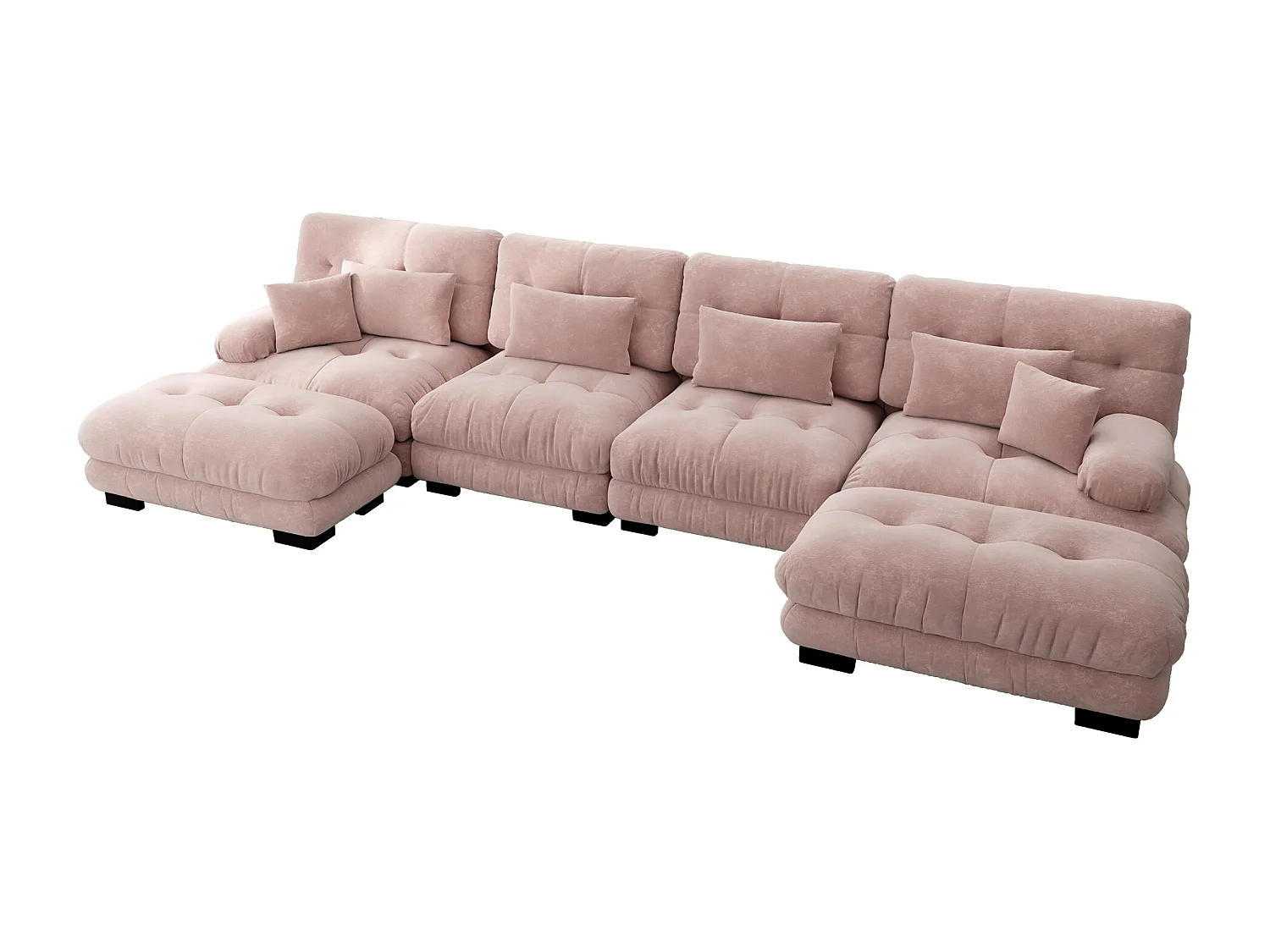 Sofá de canto modular de chenille em formato de U de 4 lugares com pufe rosa para sala de estar