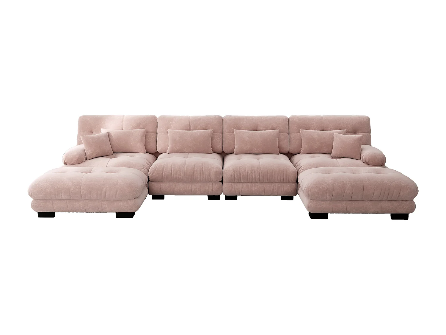 Sofá de canto modular de chenille em formato de U de 4 lugares com pufe rosa para sala de estar