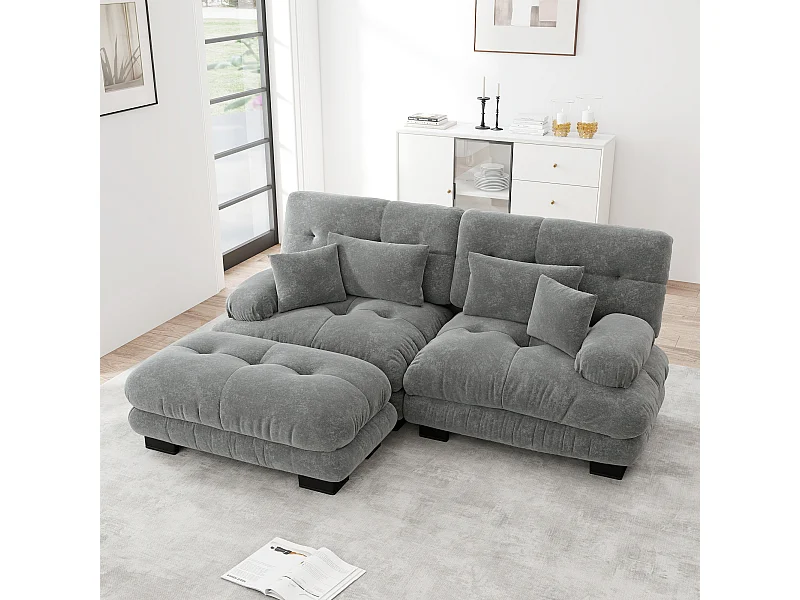 Canapé d'angle Cloud 2 posti in ciniglia grigia con coussins e pouf per salone