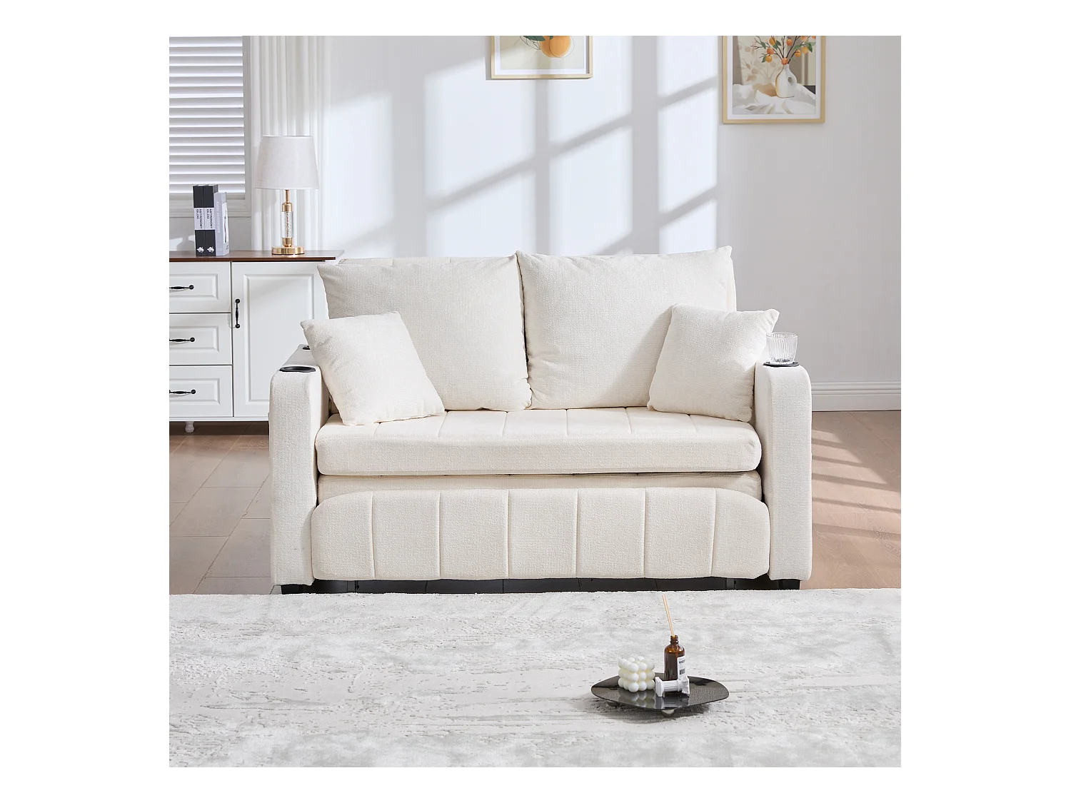 Sofá cama de tela de 2 plazas con portavasos con almacenamiento USB, pequeño salón gris