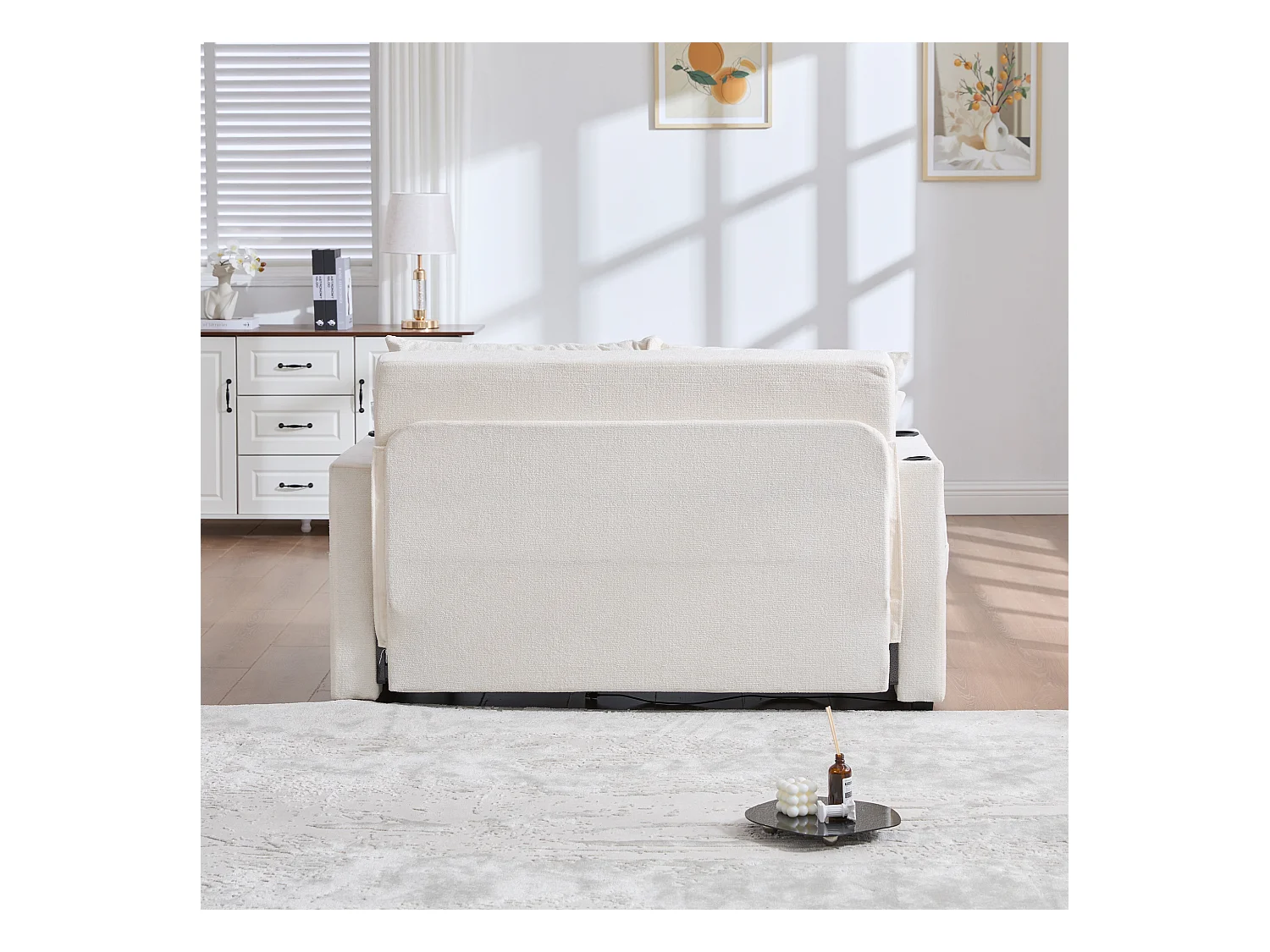 Sofá cama de tela de 2 plazas con portavasos con almacenamiento USB, pequeño salón gris