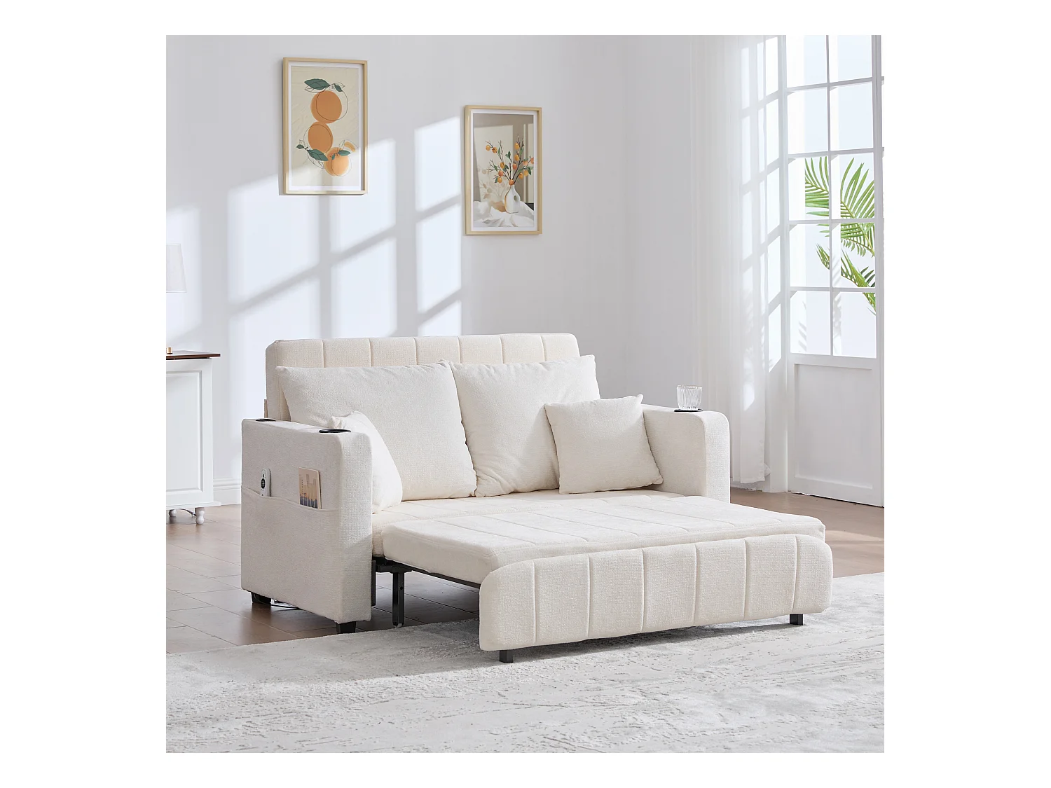 Sofá cama de tela de 2 plazas con portavasos con almacenamiento USB, pequeño salón gris