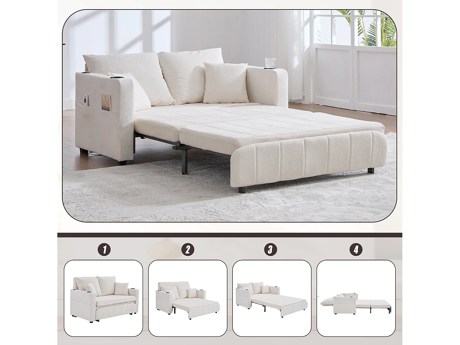 Sofá-cama de tecido de 2 lugares com porta-copos USB para sala de estar pequena cinza