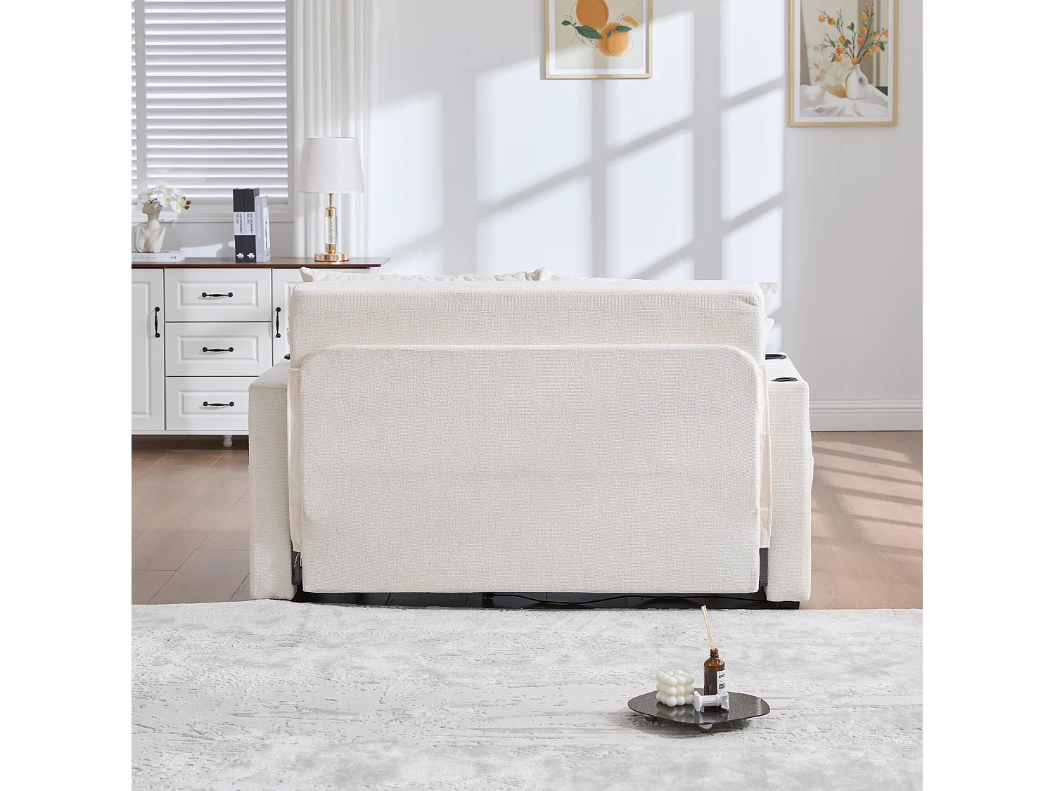 Sofá-cama de tecido de 2 lugares com porta-copos USB para sala de estar pequena cinza