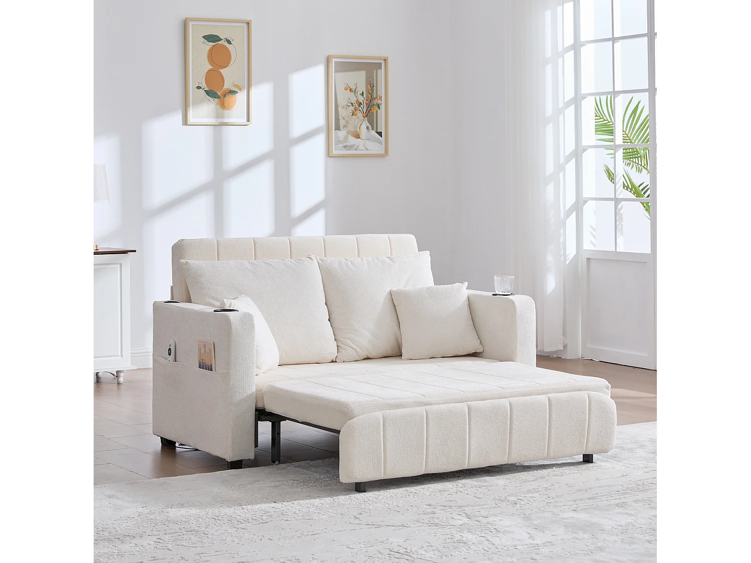 Sofá-cama de tecido de 2 lugares com porta-copos USB para sala de estar pequena cinza