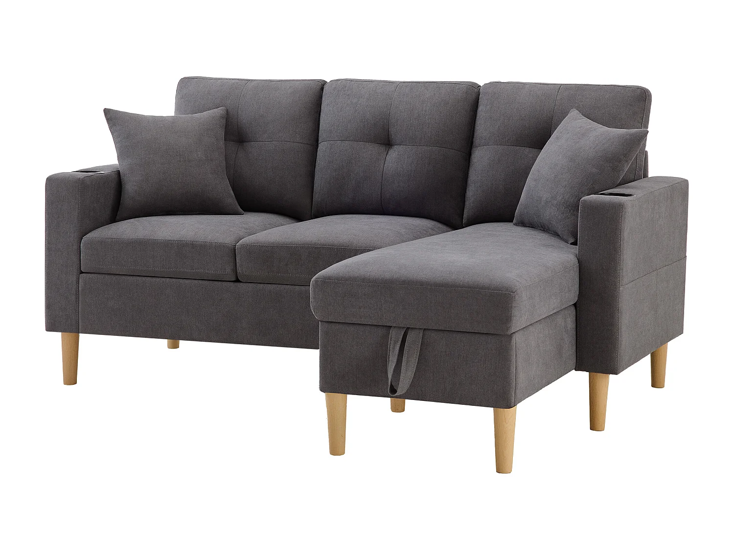 Sofá esquinero de 3 plazas en forma de L con chaise longue, almacenaje incorporado, portavasos, 2 cojines, para salón y apartamento, color gris