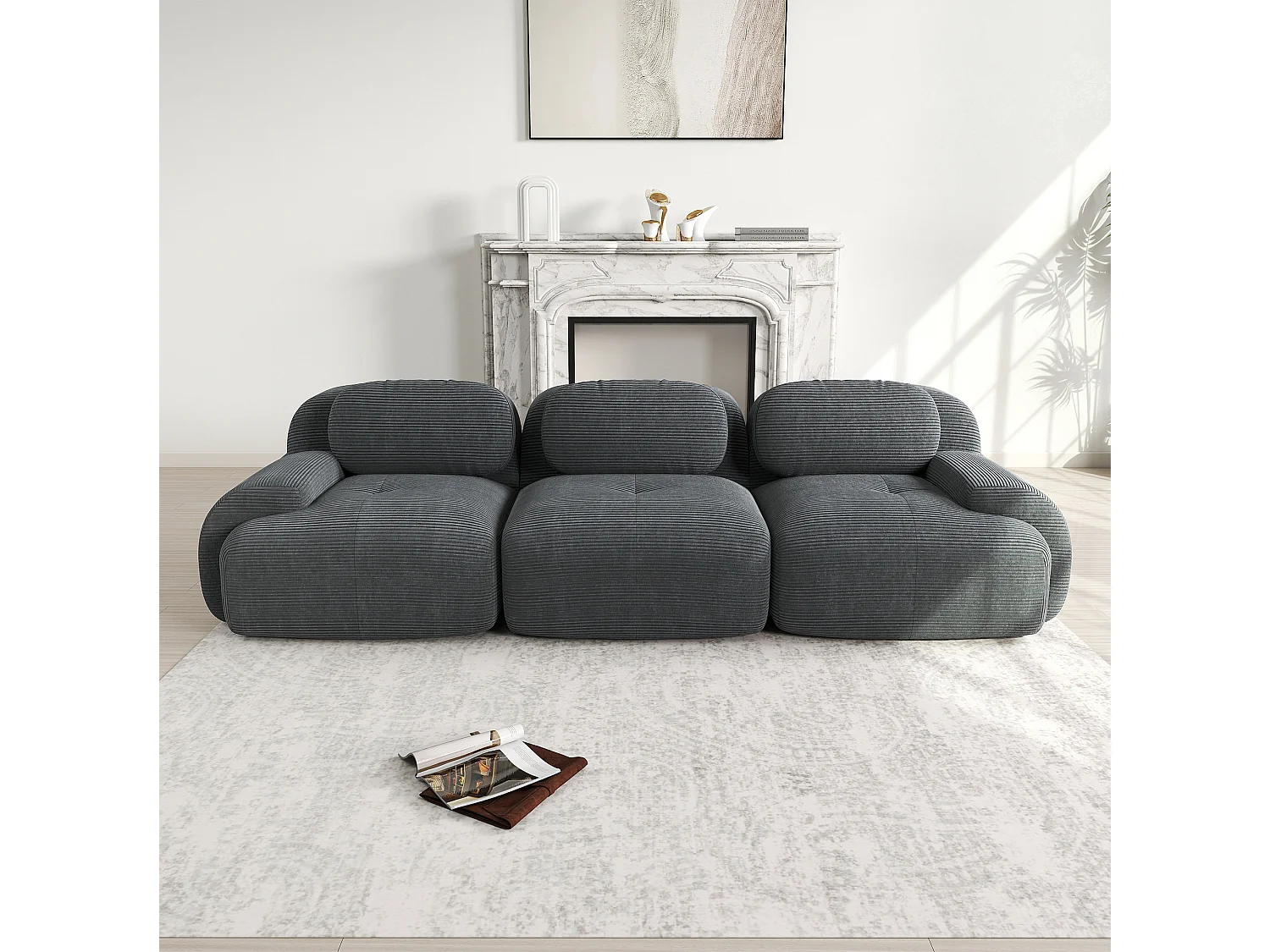 Canapé 3 posti modulabile in mousse di velluto a coste alta elasticità accoudoirs ergonomici grigio