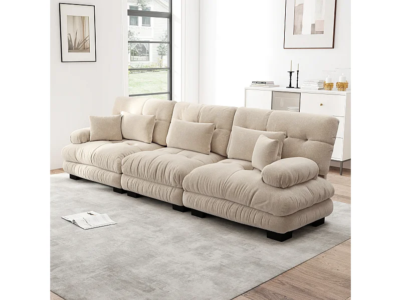 Sofá esquinero de 3 plazas con chenilla profunda y cojines lumbares para salón, dormitorio y oficina en color claro.