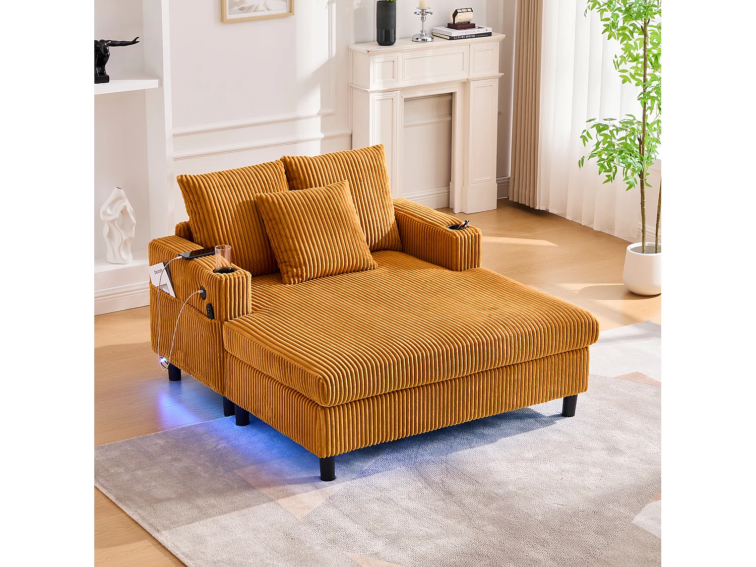 Sillón relajante XXL de terciopelo con LED, puerto USB y portavasos para salón y dormitorio, gris