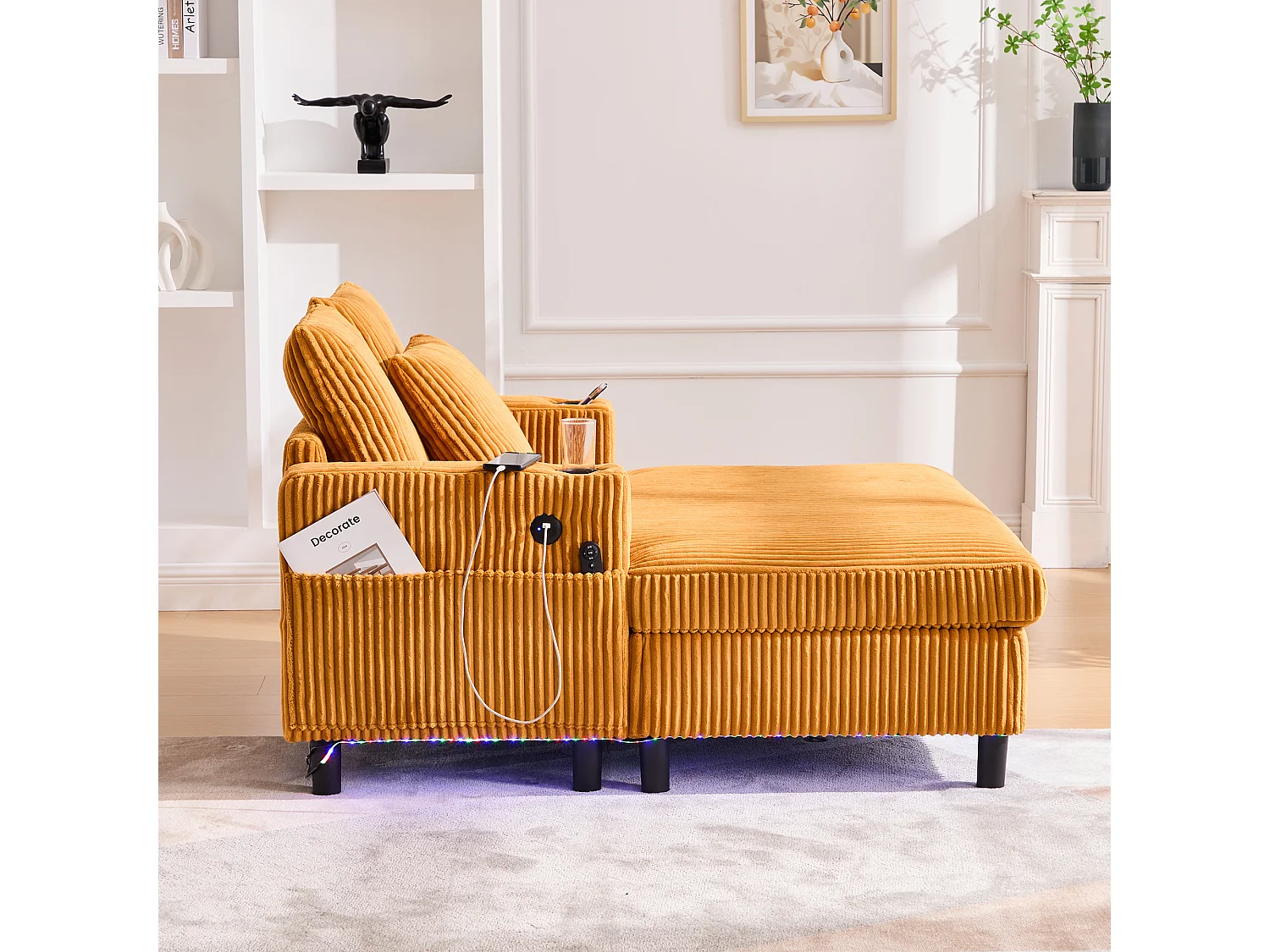 Sillón relajante XXL de terciopelo con LED, puerto USB y portavasos para salón y dormitorio, gris