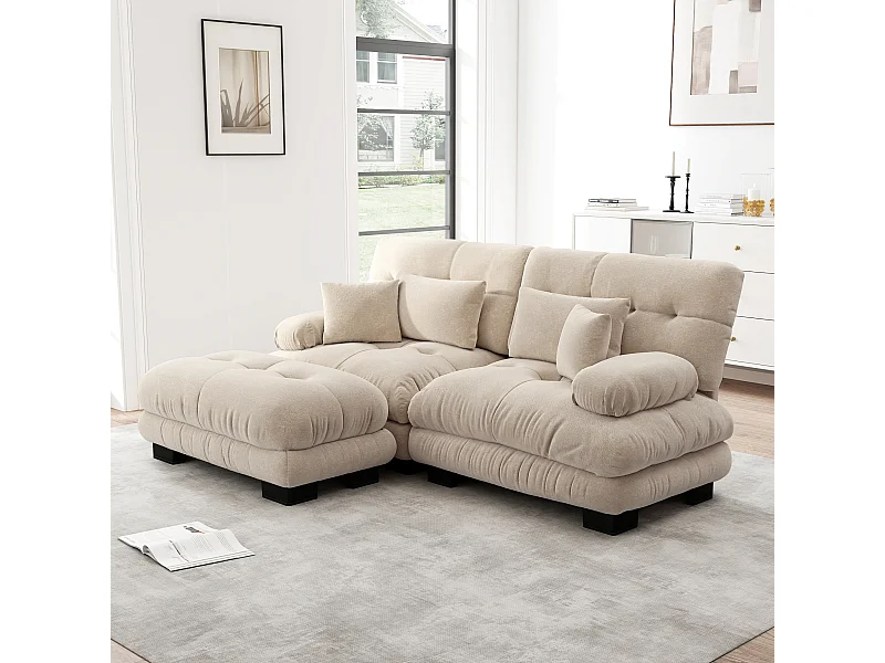 Sofá esquinero de chenilla de 2 plazas con cojines ergonómicos otomanos para sala de estar, dormitorio, luz