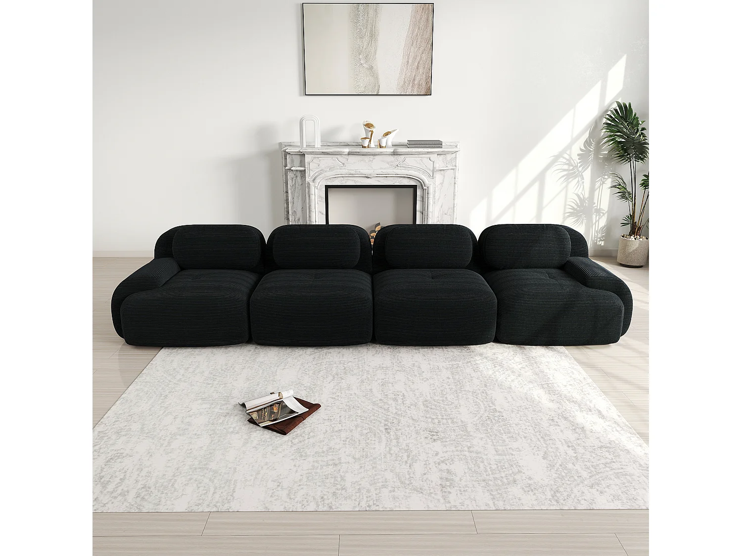 Canapé modulabile 4 posti in velluto côtelé ergonomico senza montaggio per camera da letto nera