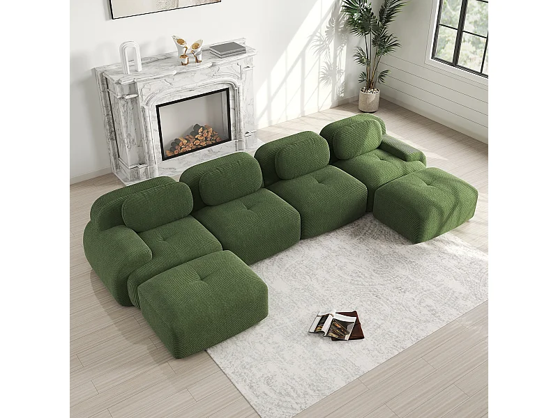 Canapé modulabile in U velluto côtelé verde senza montaggio mousse ergonomica 32D per salone camera da letto