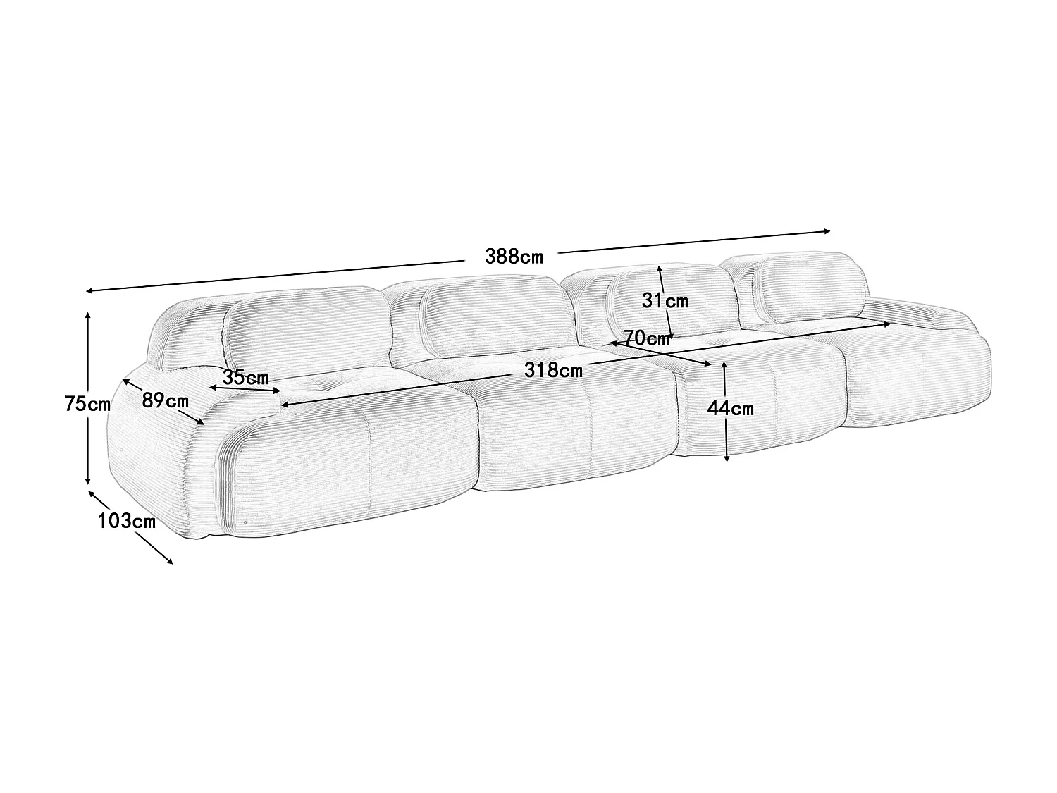 Canapé modulabile 4 posti velluto côtelé verde ergonomico senza montaggio mousse 32D per salone camera ufficio
