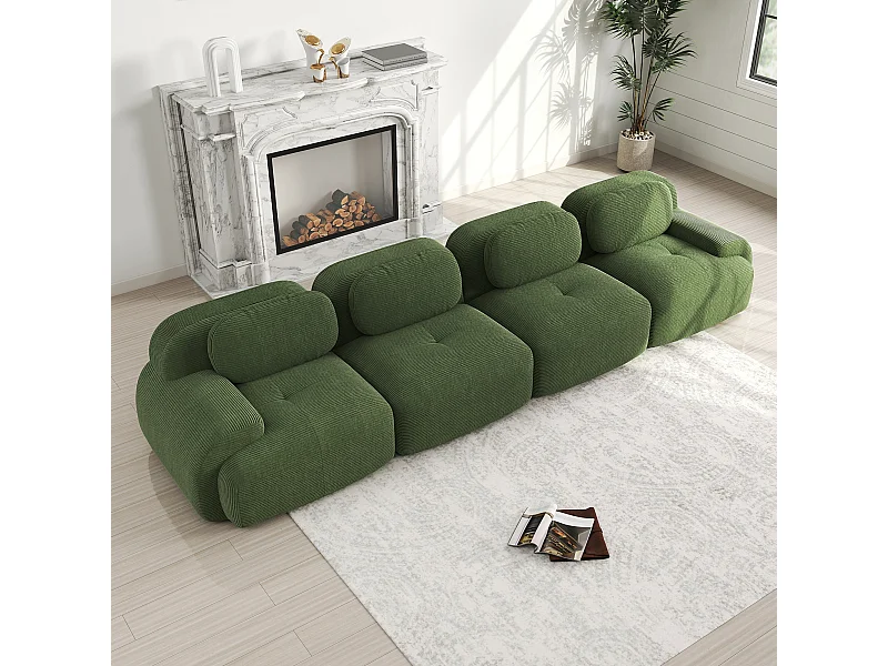 Canapé modulabile 4 posti velluto côtelé verde ergonomico senza montaggio mousse 32D per salone camera ufficio