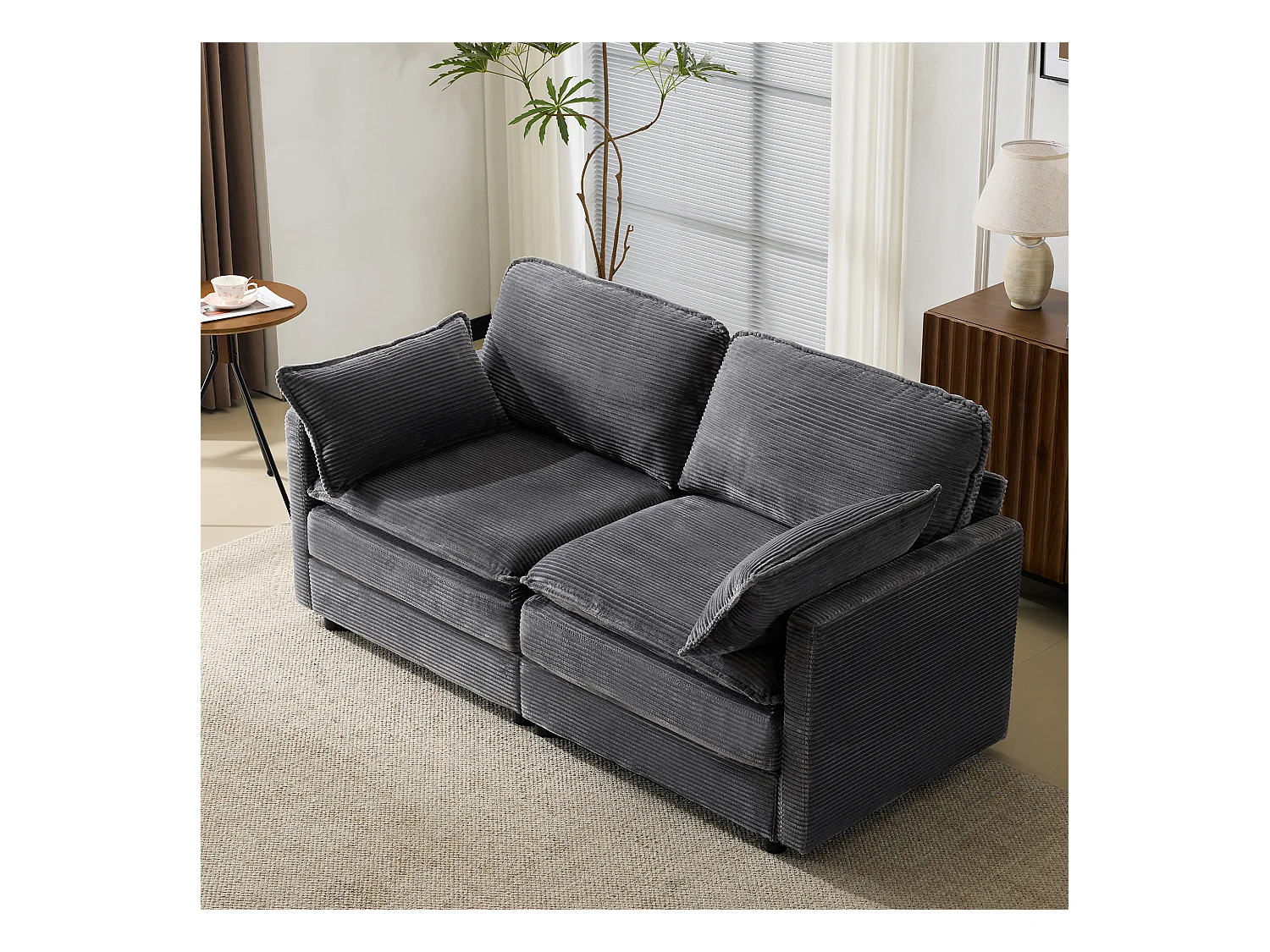 Sofá de 2 plazas de tela acanalada, cómodo para sala de estar o dormitorio, moderno, gris