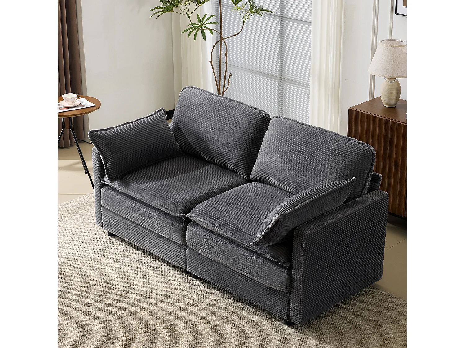 Sofá de 2 lugares com tecido canelado, confortável, sala de estar, quarto, moderno, cinza