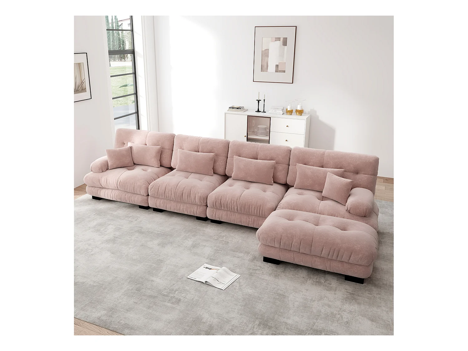 Sofá de canto modular conversível de chenille de 4 lugares com pufe para sala de estar em rosa