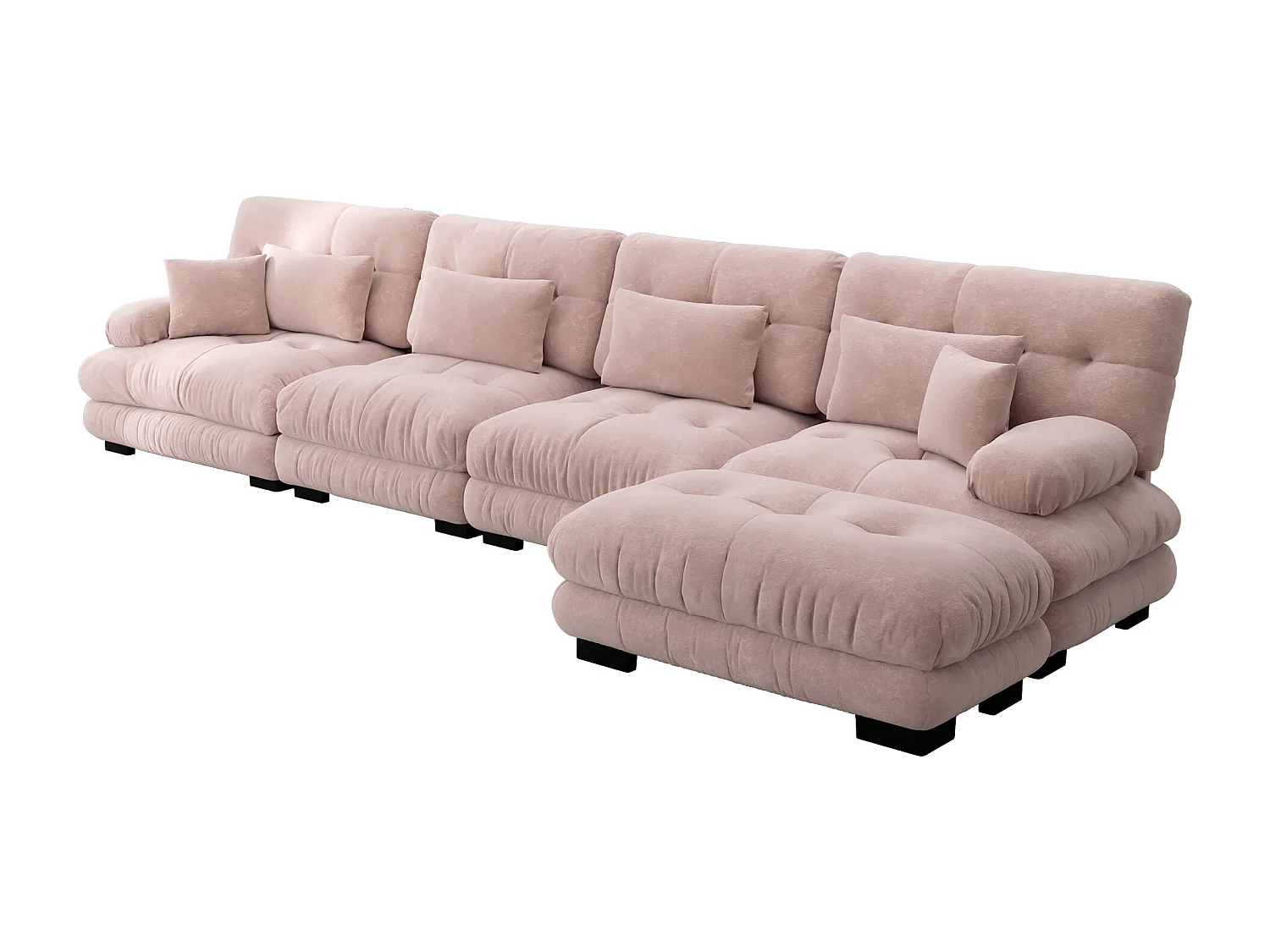 Canapé d'angolo modulabile 4 posti in ciniglia trasformabile con pouf pour salon rose