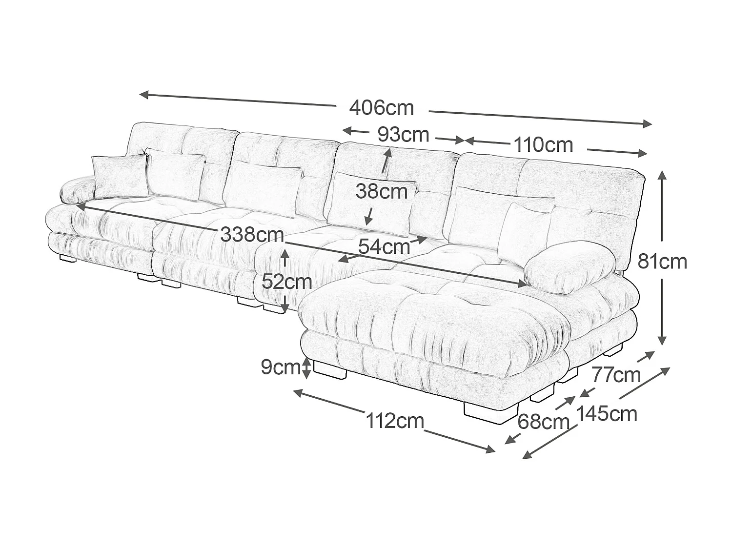 Canapé d'angolo modulabile 4 posti in ciniglia trasformabile con pouf pour salon rose