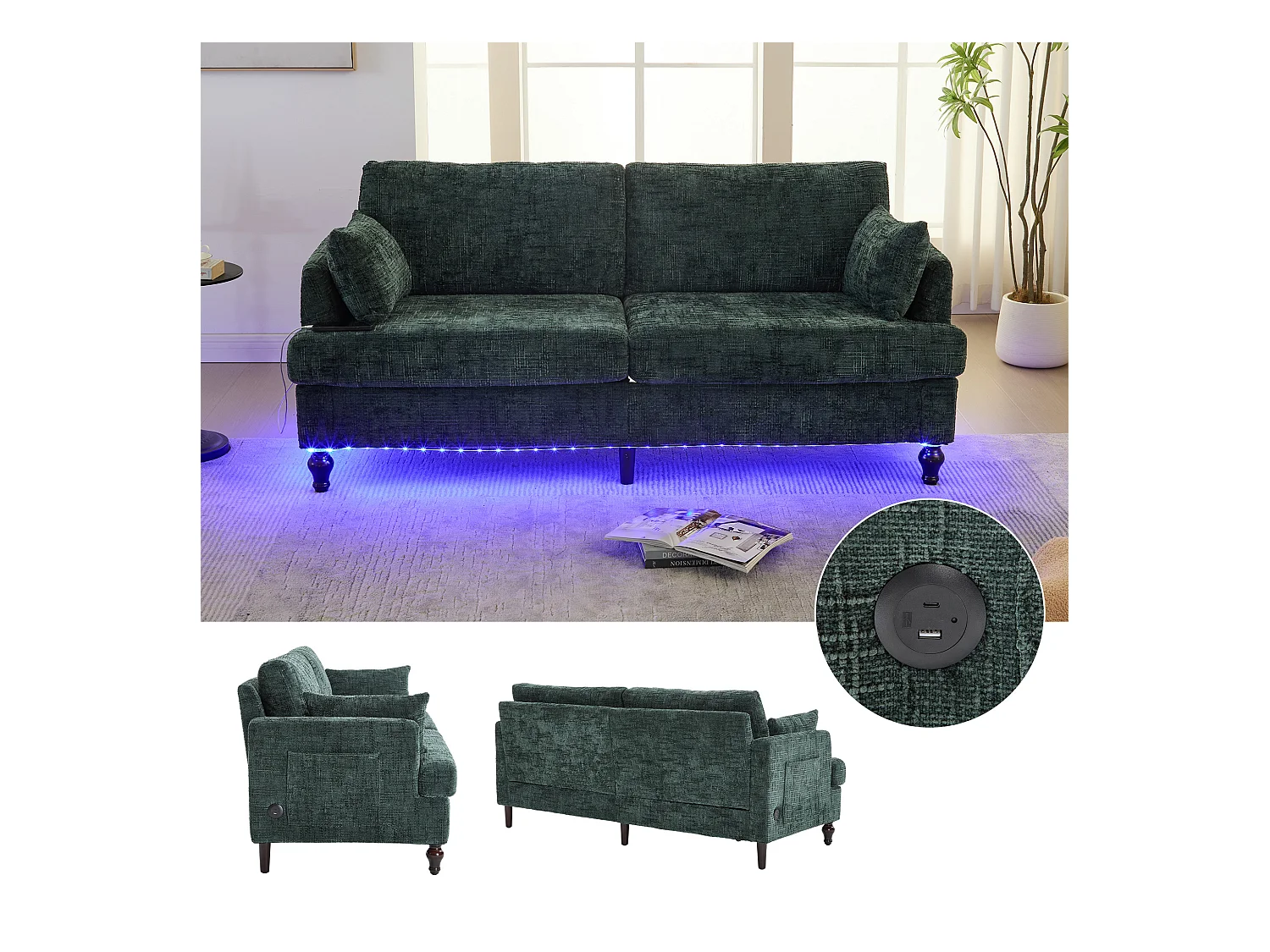 Canapé 2 posti in ciniglia con LED, porta USB, rangement latéral et pieds bois, salon, chambre, Bureau, gris
