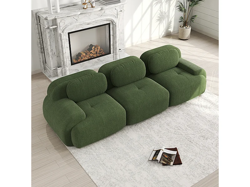 Canapé 3 posti modulabile velours côtelé vert accoudoirs ergonomiques mousse haute résilience sans montage