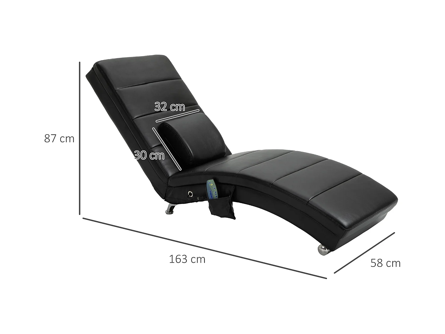 Sillón relax en polipiel negra con masaje de 8 puntos y cojín lumbar 58x163x87 cm