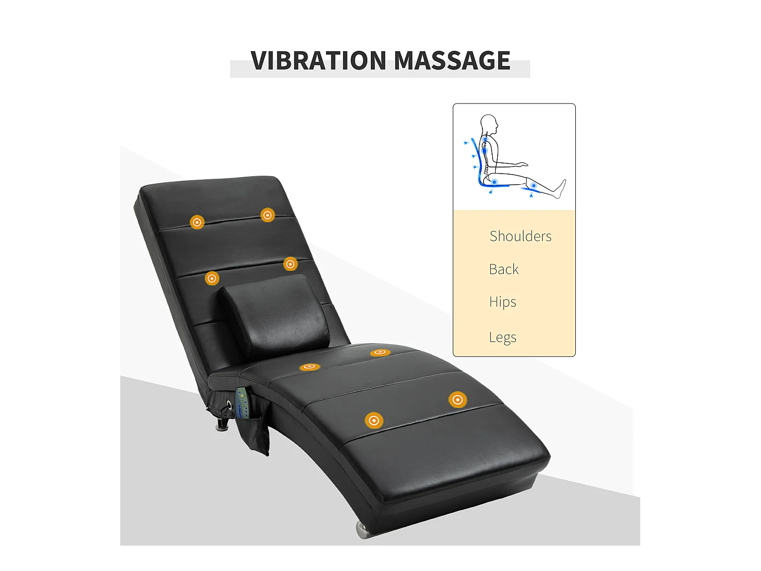 Sillón relax en polipiel negra con masaje de 8 puntos y cojín lumbar 58x163x87 cm