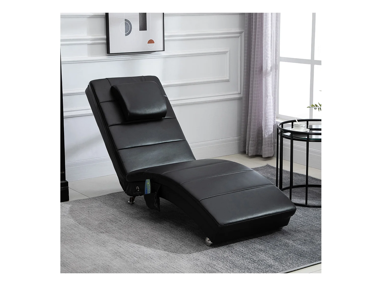 Chaise longue relax en simili cuir noir avec massaggio 8 punti et coussin lombaire 58x163x87 cm