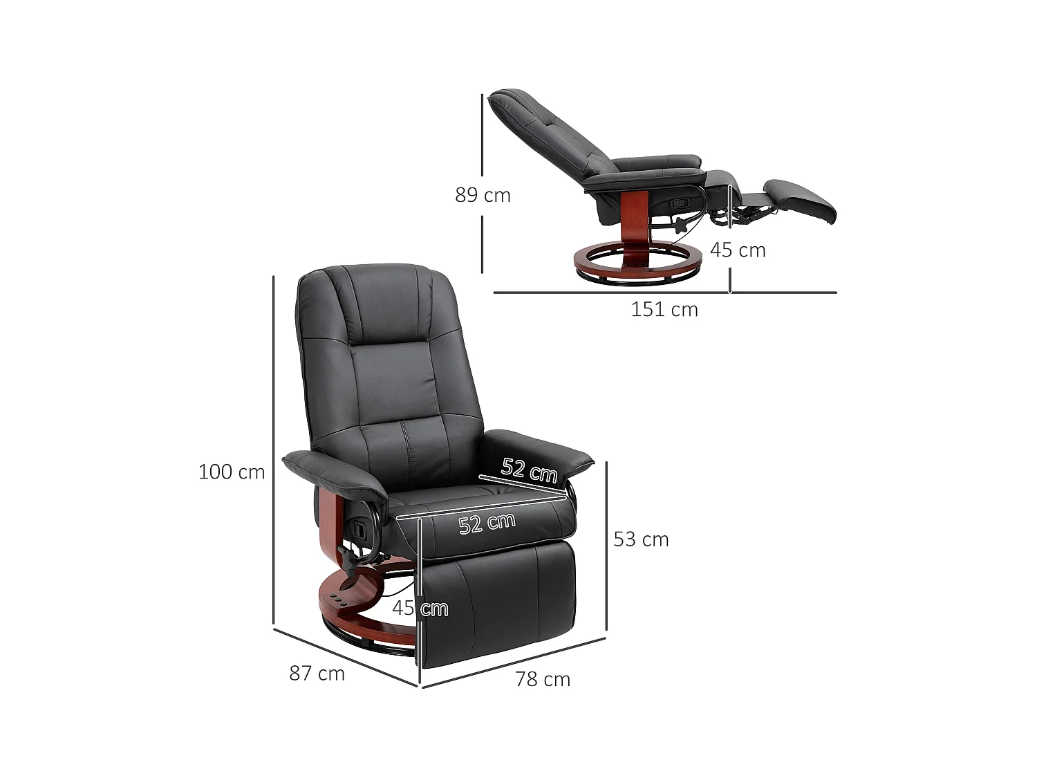 Sillón relax giratorio en piel sintética, reclinable 145° con reposapiés 78x87x100 cm