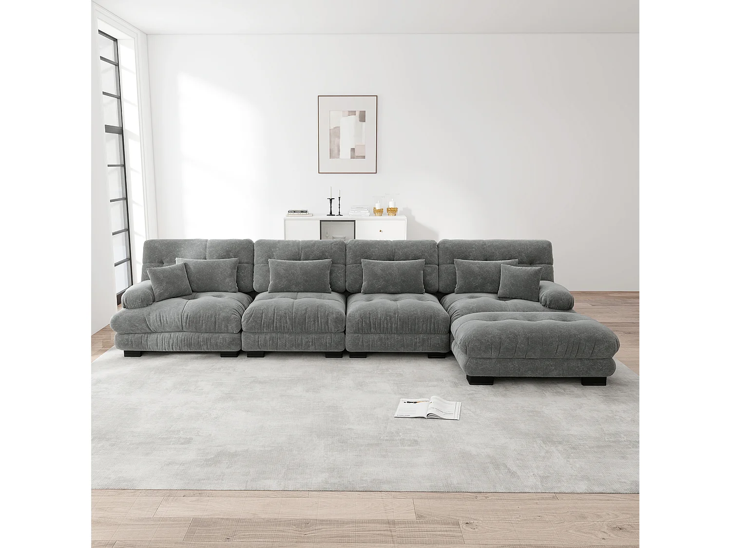 Canapé modulabile 4 posti grigio in ciniglia L‑forma assise profonda convertibile per salone