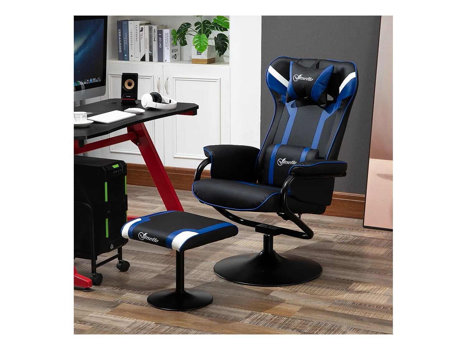 Sillón relax con reposapiés tela y metal reclinable 130° salón despacho azul negro