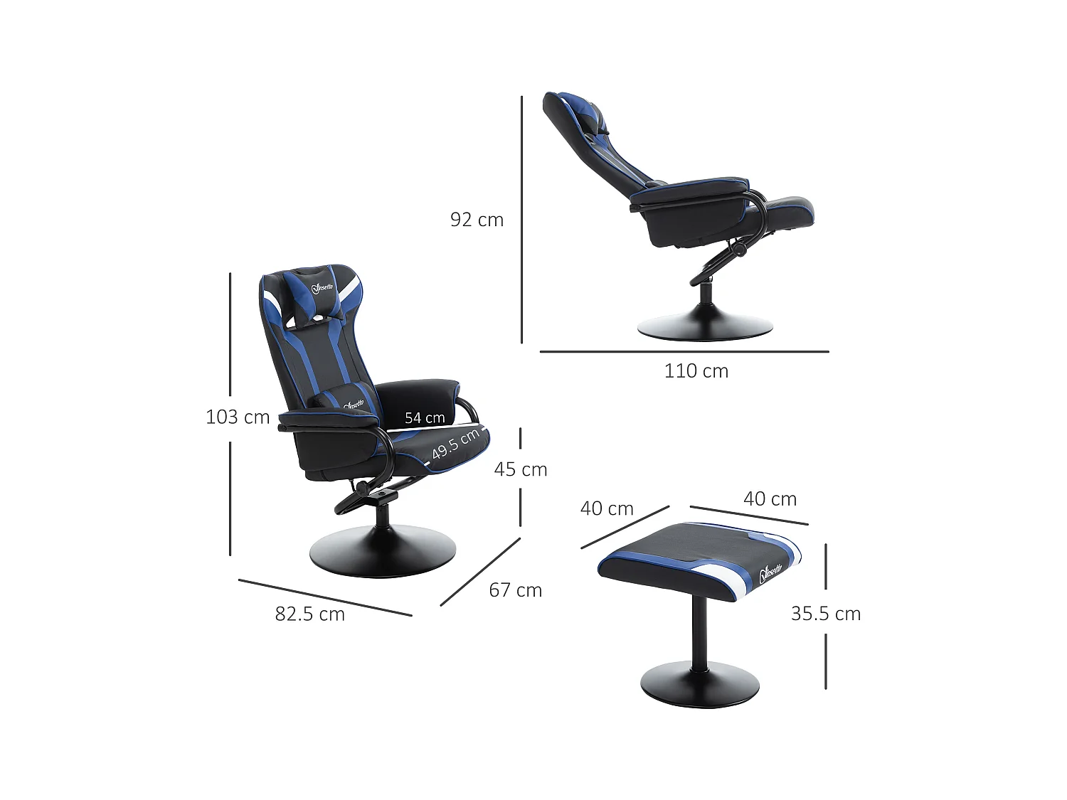 Sillón relax con reposapiés tela y metal reclinable 130° salón despacho azul negro